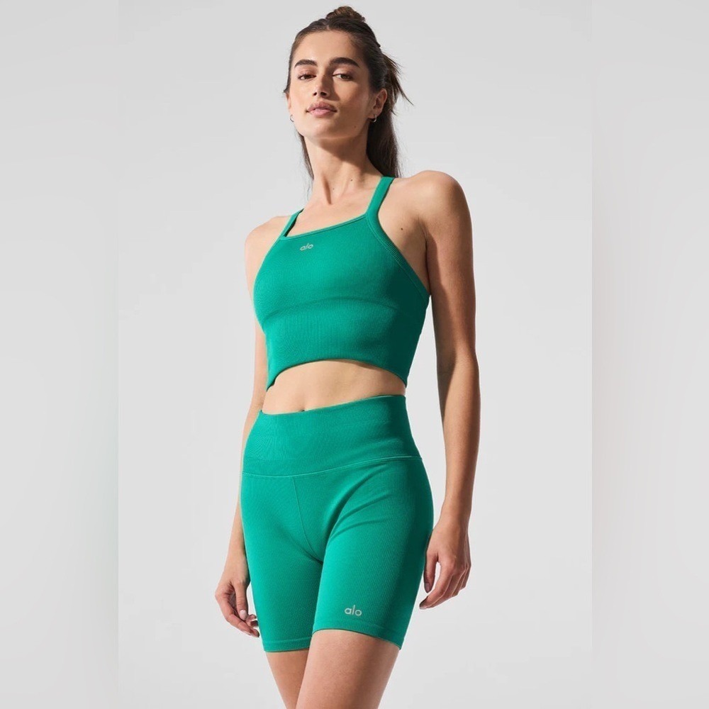 Alo Yoga Seamless Ribbed Favorite Bra Tank Spruce Green XXS - Picture 5 of 9